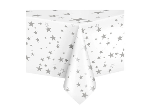 Születésnapi terítő fehér, ezüst csillagokkal - 137 x 274 cm - 1 db.
