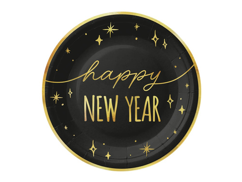 Papírtányérok szilveszterre Boldog új évet fekete - 18 cm - 6 db.
