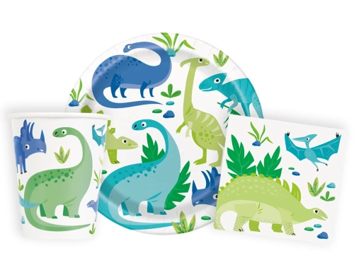 Csészék + tányérok + papírszalvéta készlet születésnapi dinoszauruszokhoz - 32 db.