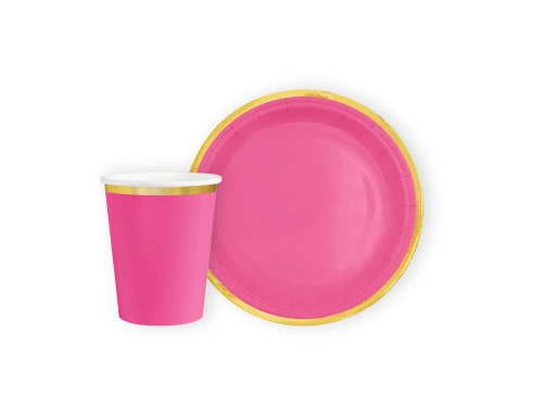 Rózsaszín papírpoharak + tányérok készlet arany peremmel - 12 db.