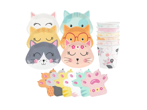 Csészék + tányérok + papírszalvéta készlet Macskák - 24 db.