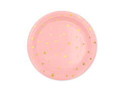Rózsaszín papírtányérok arany csillagokkal - 18 cm - 6 db.