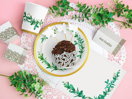 Készlet poharak + papírtányérok fehér levelekkel - 24db.