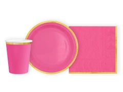 Csészék + szalvéták + papírtányérok rózsaszín, arany peremmel - 22 db.