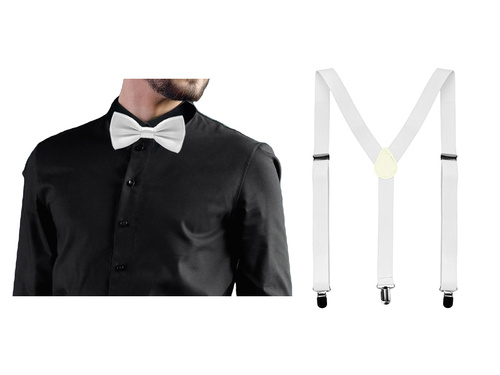 Fehér nadrágtartó kiegészítő szett kis csokornyakkendővel - 2 db.