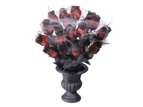 Váza vörös rózsákkal és pókhálóval - 35 cm