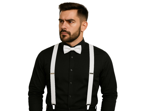 Fehér nadrágtartó kiegészítő szett nagy csokornyakkendővel - 2 db.