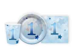 Csészék + szalvéták + papírtányérok készlet a születésnapi partira Csillagok kék - 44 db.