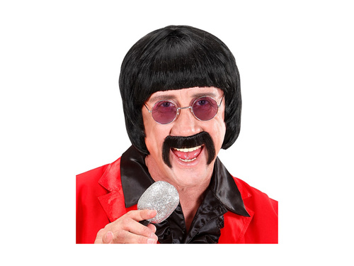 Music Man fekete parókája az 1960-as évekből. bajusszal és szemüveggel