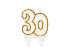 30. születésnapi gyertya csillámmal és arany peremmel - 1 db.