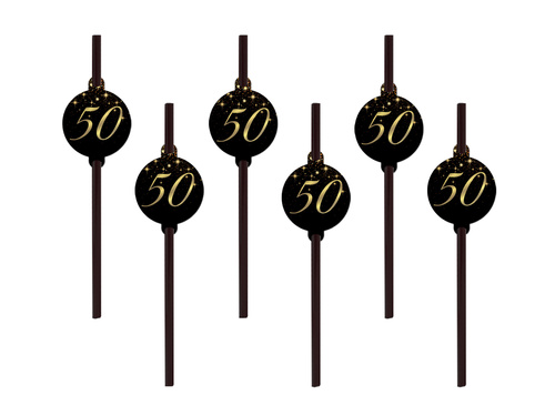 Csillogó fekete szívószálak ötvenedik születésnapra - 6 db.