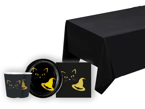 Asztalterítő szett + poharak + szalvéták + papírtányérok Boszorkány és macska - 45 db.
