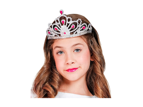 Ezüst tiara rózsaszín ékszerekkel