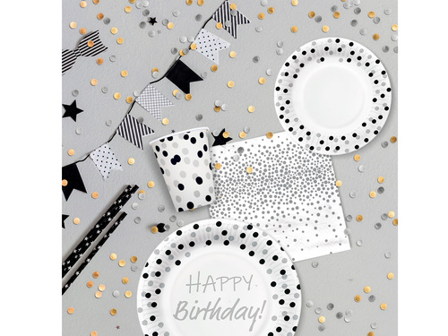 Papírtányérok születésnapokra Konfetti ezüst és fekete - 18 cm - 8 db.