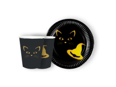 Halloween boszorkány és macska papírpohár + tányér készlet - 24 db.