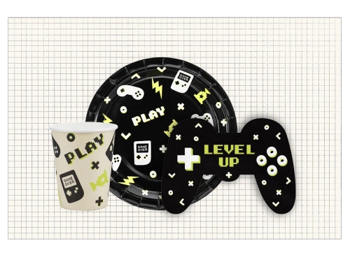 Gamer terítő + poharak + tányérok + papírszalvéta szett - 37 db.