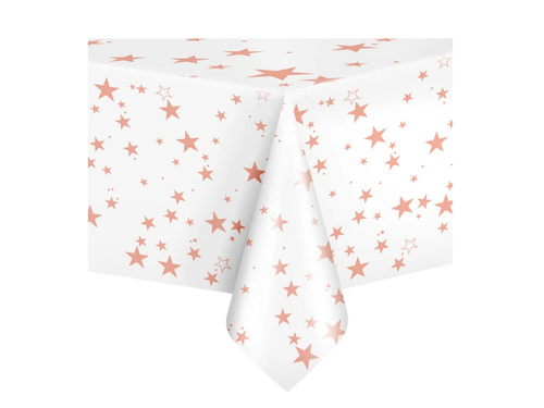 Születésnapi terítő fehér, rózsaszín és arany csillagokkal - 137 x 274 cm - 1 db.