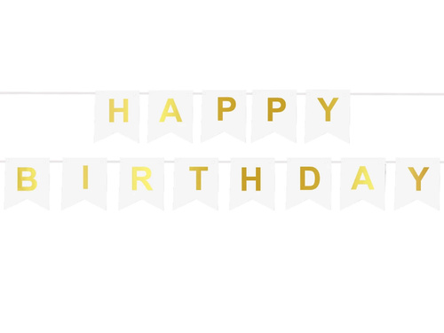 Fehér zászló banner Happy Birthday felirattal - 190 cm - 1 db.