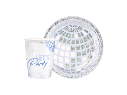 Ezüst diszkó 1960-as évek papírpohár + tányér készlet - 12 db.