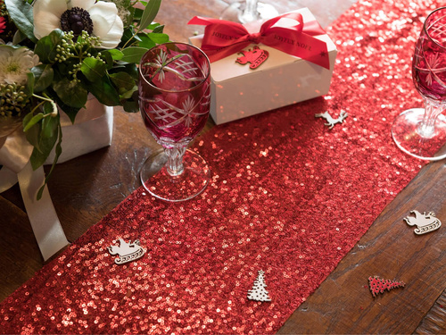 Dekorációs flitteres asztali futó - piros - 19 cm x 3 m - 1 db.