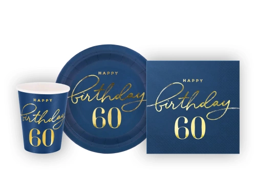 Csészék + szalvéták + papírtányérok készlet 60. születésnapra - 22 db.