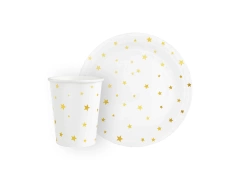 Papírpohár + tányér készlet fehér, arany csillagokkal - 12 db.