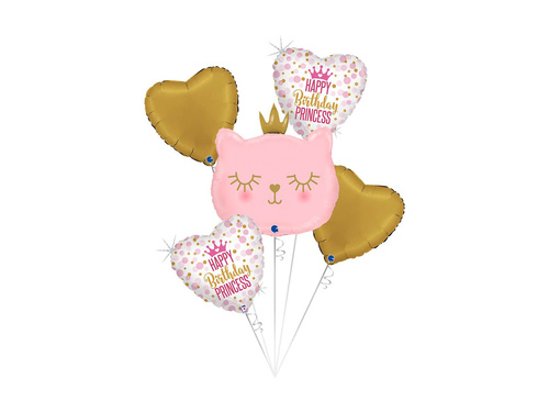 Csokor rózsaszín cica fólia lufi szívekkel Happy Birthday Princess - 21" + 14" - 5 db.