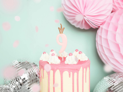 Kilencedik szám fényes rózsaszín gyertya koronával - 7 - 1 db.