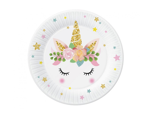 Virágos egyszarvú születésnapi papírtányér - 18 cm - 6 db.