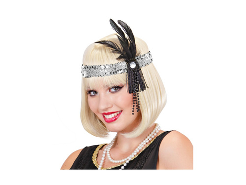 Ezüst flitteres fejpánt tollal és gyöngyökkel