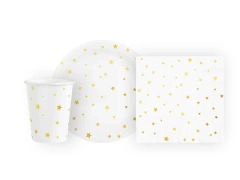 Csészék + szalvéták + papírtányérok készlet fehér arany csillagokkal - 22 db.