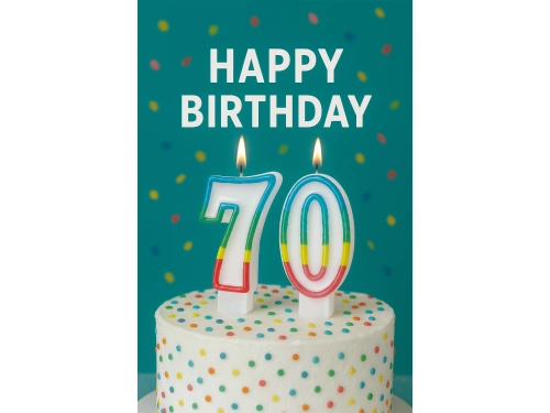 Számgyertyák színes szegéllyel, szám 70 - 8,5 cm - 2 db.