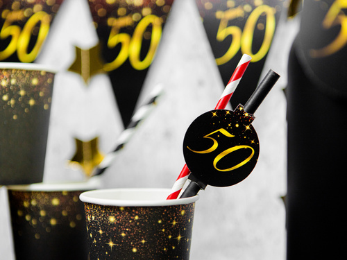 Csillogó fekete szívószálak ötvenedik születésnapra - 6 db.