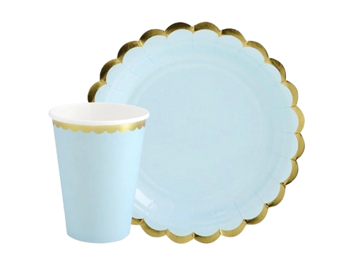 Kék aranyszínű csészék + papírtányérok készlet - 24 db.