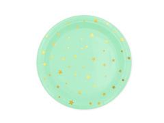 Menta papírtányérok arany csillagokkal - 18 cm - 6 db.