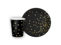 Készlet poharak + papírtányérok fekete arany pöttyökkel - 12 db.