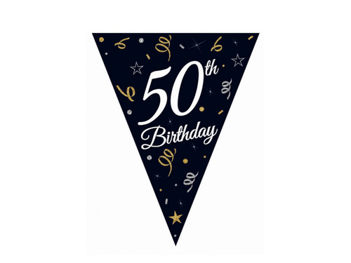 Fekete zászló banner 50. születésnap felirattal - 270 cm - 1 db.