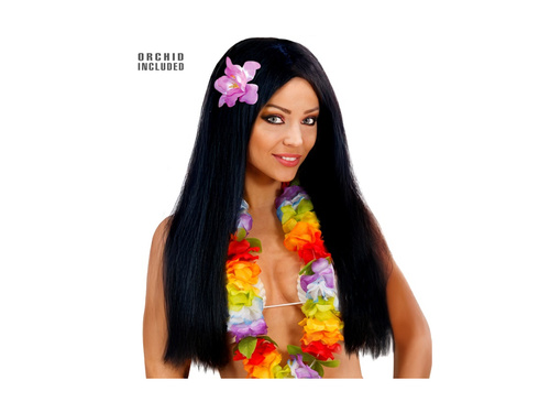 Hawaii fekete hosszú paróka orchideával