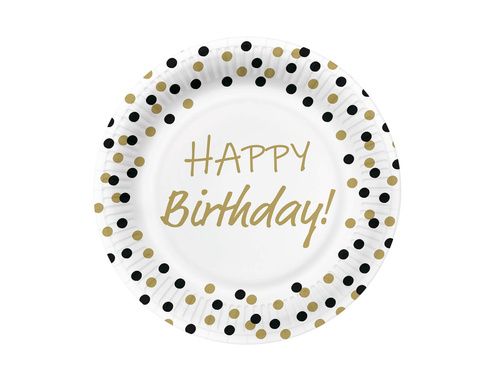 Papírtányérok Boldog születésnapot konfetti arany és fekete - 23 cm - 10 db.