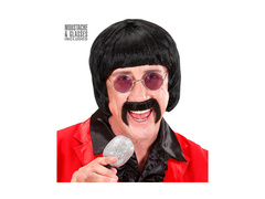 Music Man fekete parókája az 1960-as évekből. bajusszal és szemüveggel