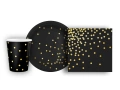 Csészék + szalvéták + papírtányérok fekete arany pöttyökkel - 22 db.
