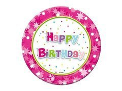 Boldog születésnapot rózsaszín papírtányérok - 18 cm - 6 db.