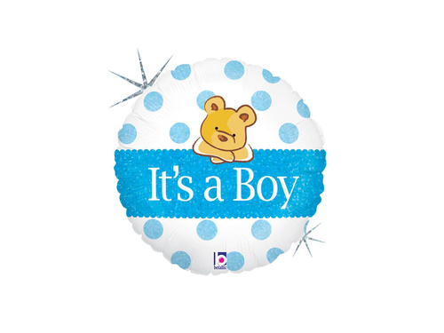 Kerek kék fólialufi mackós lufi babaköszöntőre - 14" - 1 db.