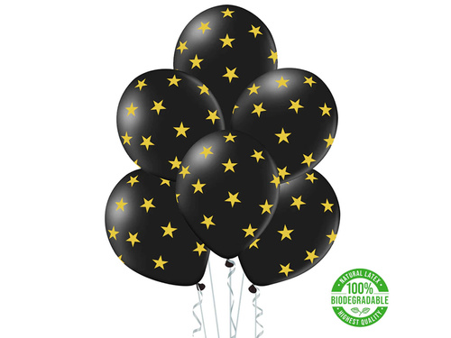 Fekete latex lufi arany csillagokkal - 30 cm - 5 db.