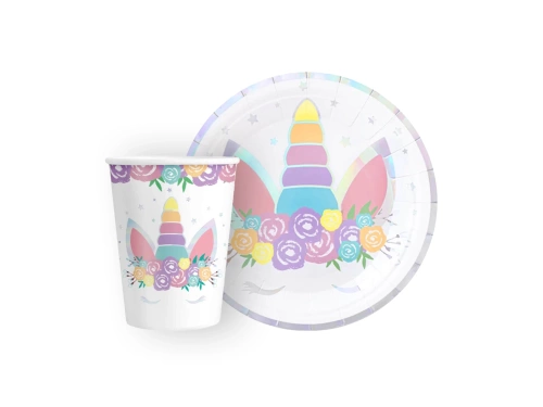 Készlet poharak + papírtányérok Unicorn - 12 db.