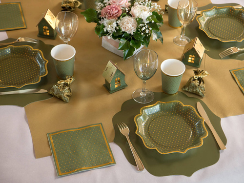 Olívazöld papírszalvéta arany pöttyökkel - 33 cm - 20 db.