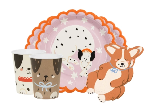 Csészék + tányérok + papírszalvéta készlet Pies - 36 db.