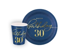 Szett poharak + papírtányérok 30. születésnapra tengerészkék - 12 db.