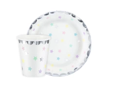 Csészék + papírtányérok készlet Egyszarvú csillagokban - 24 db.