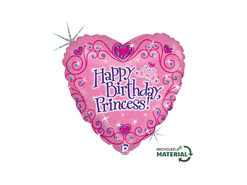 Boldog születésnapot fóliából készült szív lufi hercegnői tiarával - 14" - 1 db.